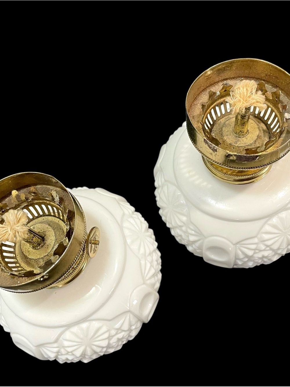 Vintage 1950s Milk Glass Oil Lamps (2) - Daisy and Botton Patterned Body - Picture 5 of 10